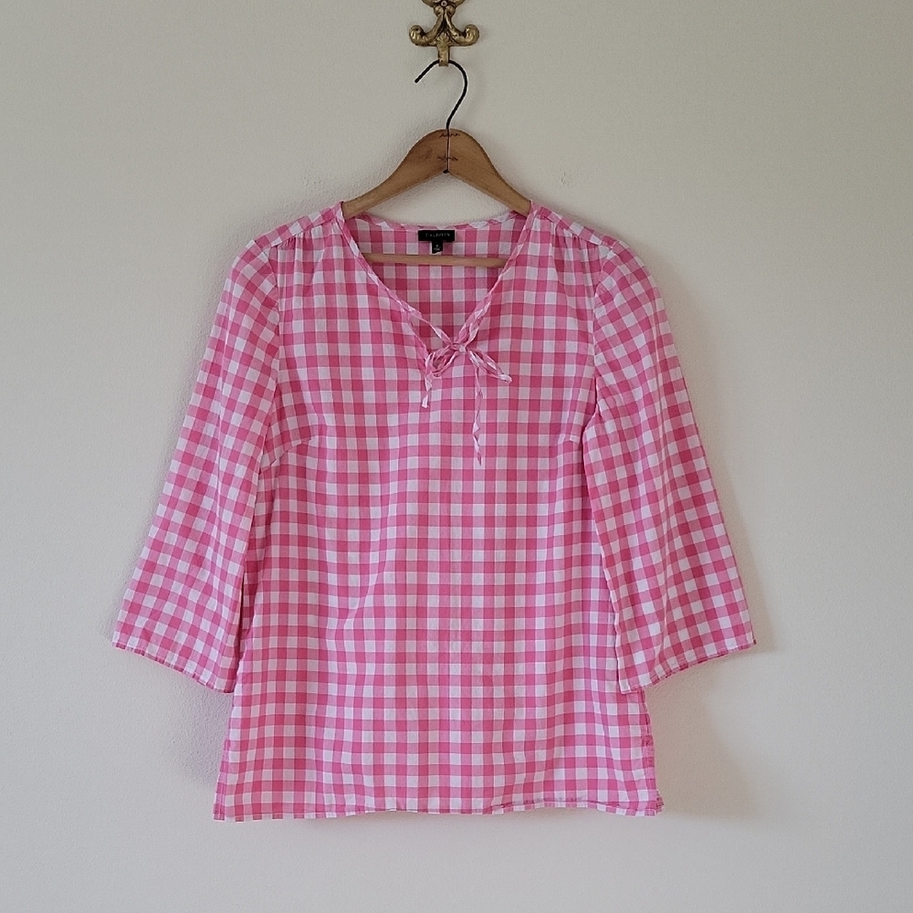 Talbots Pink White Gingham Check Popover Blouse Size Small